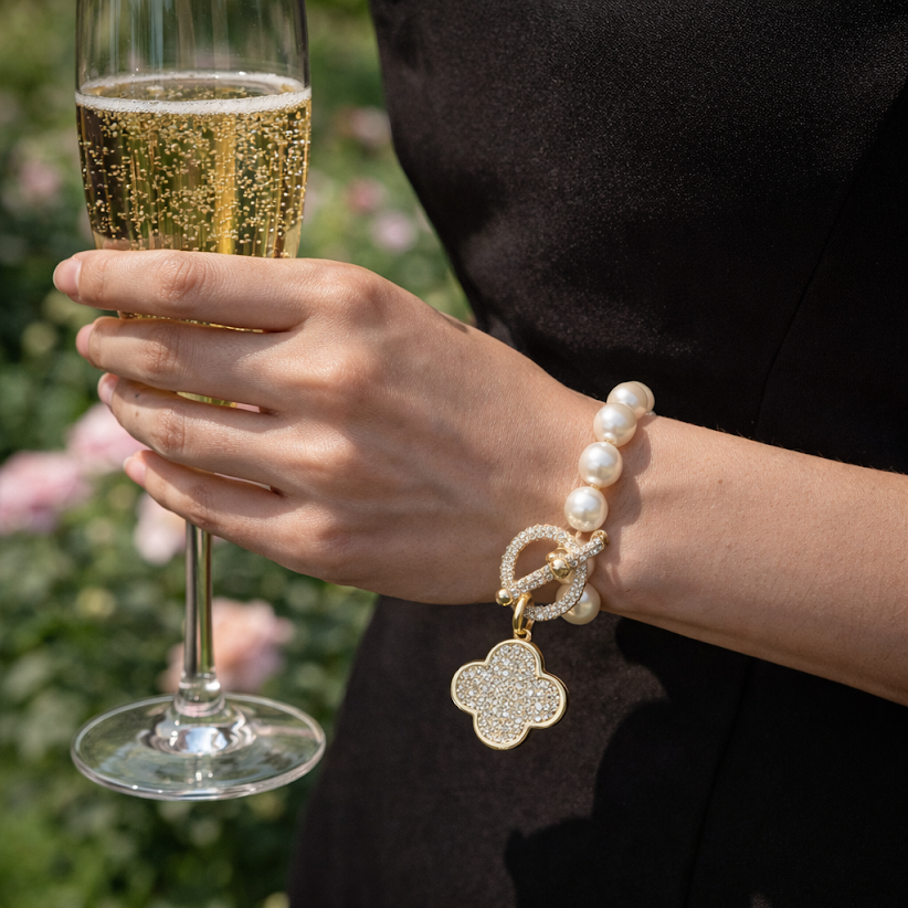 Pearl & CZ Quatrefoil Charm Bracelet – 14K Gold Plated