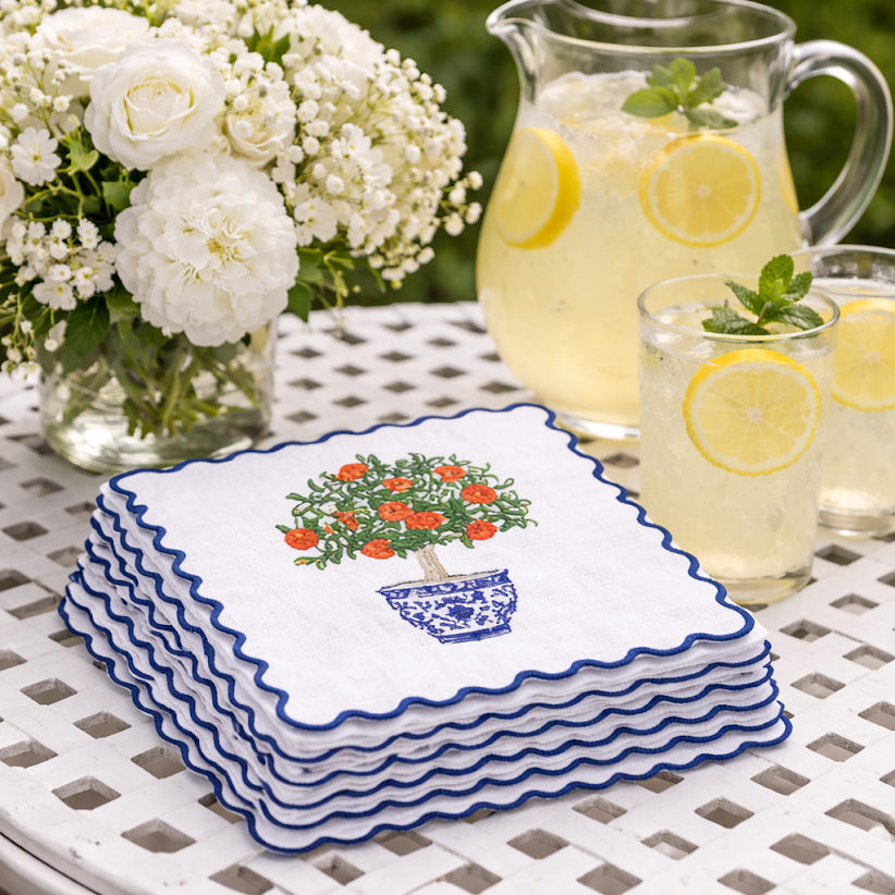 Set of 4 Orange Topiary Embroidered Cocktail Napkins