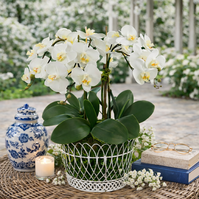 Beautiful large four stem white orchid in French wire basket