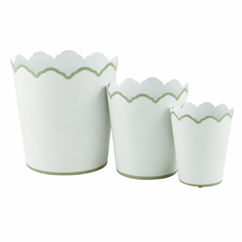 White & Soft Green SCALLOPED BUCKET Wastepaper Basket & PLANTERS (3 SIZES)