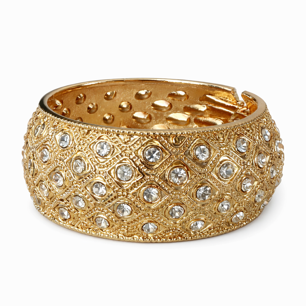 Diamond Pattern Cuff Hinge Bracelet with CD Stones – 2" Thick