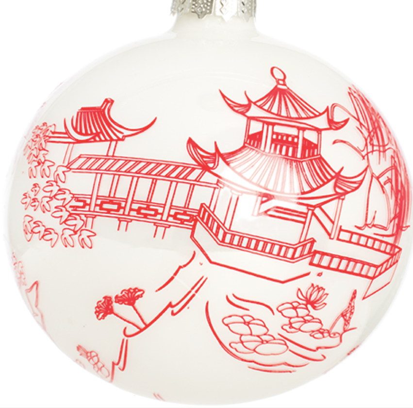 Red & White Village Scene Ball Ornament