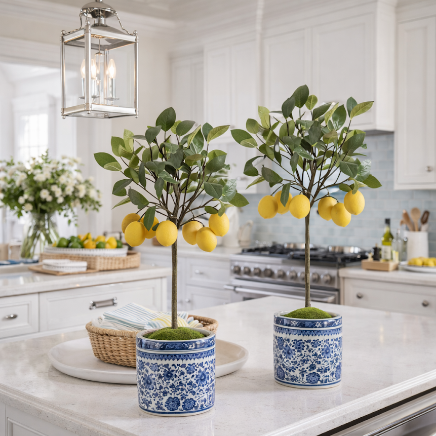 Pair of tall lemon ball topiaries in blue & white planter