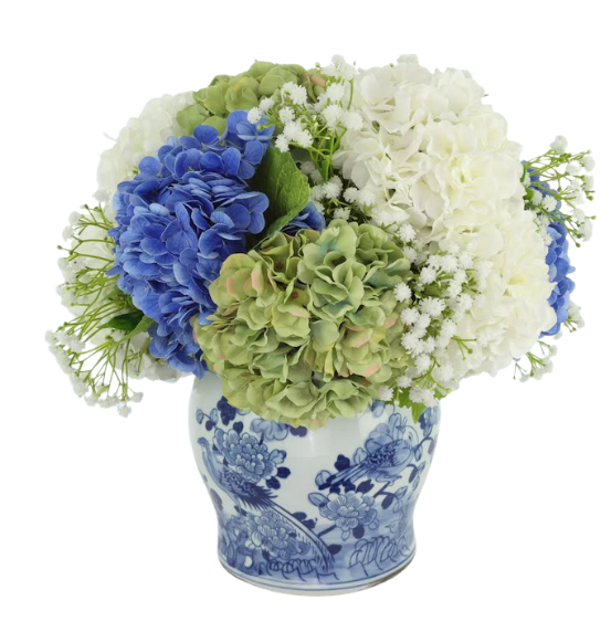 Mid-Size Blue & Green Hydrangea Ginger Jar Arrangement