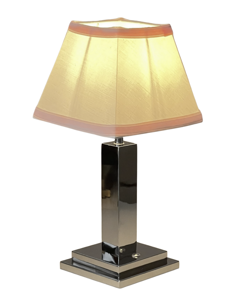 Rechargeable Table Lamp – Silver Square Base, Pink Trim Pleated Shade