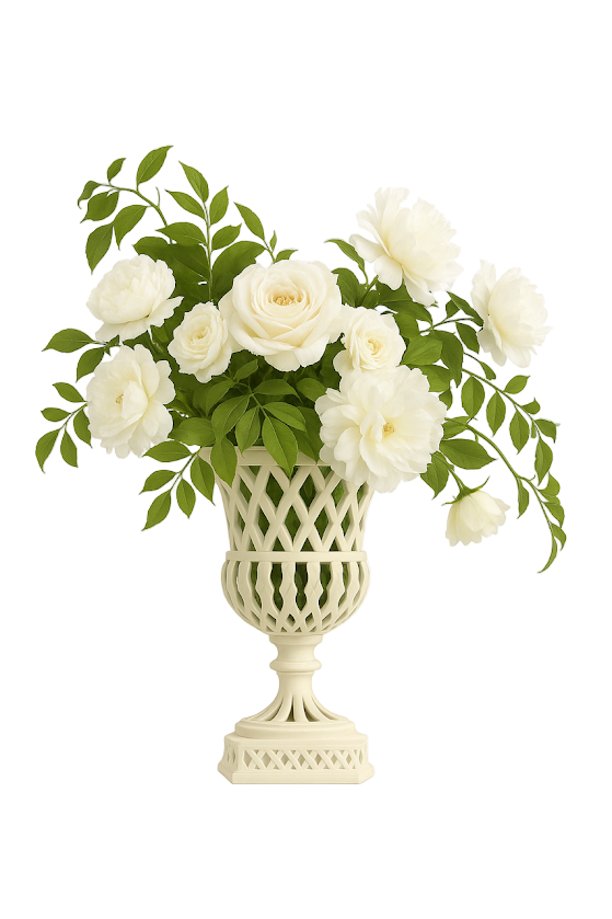 White CAST ALUMINUM FRETWORK URN and Pedestal