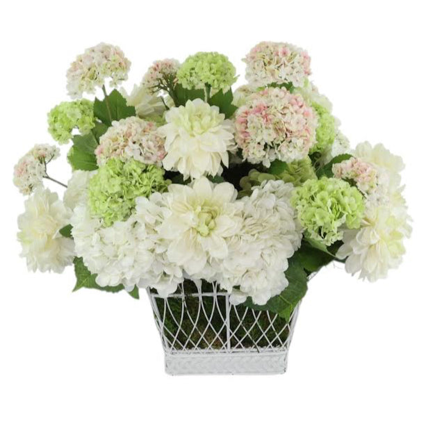 French Wire Basket Floral Arrangement: Hydrangea, Viburnum & Dahlia