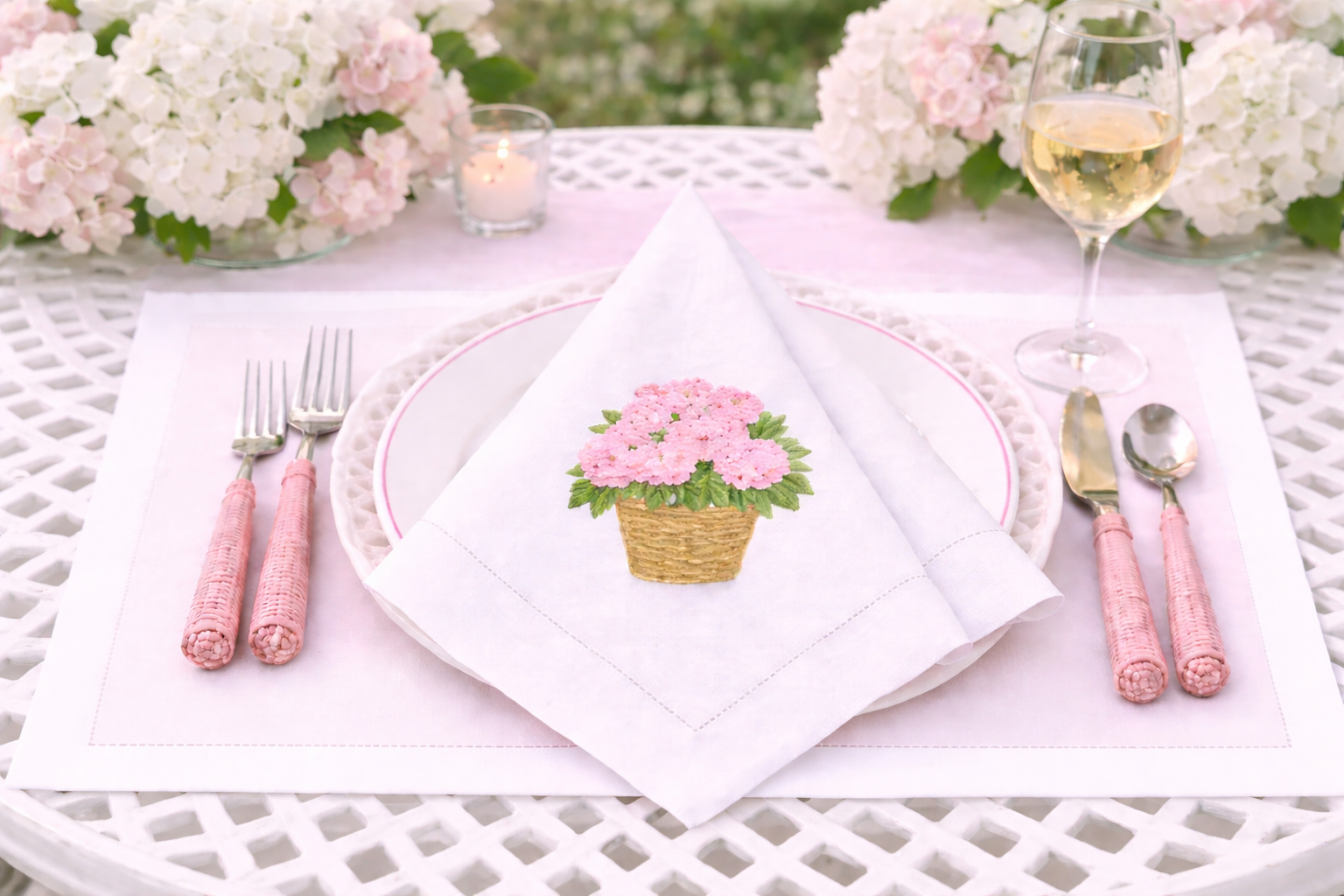 SET OF 4 Pink Hydrangea EMBROIDERED DINNER NAPKINS