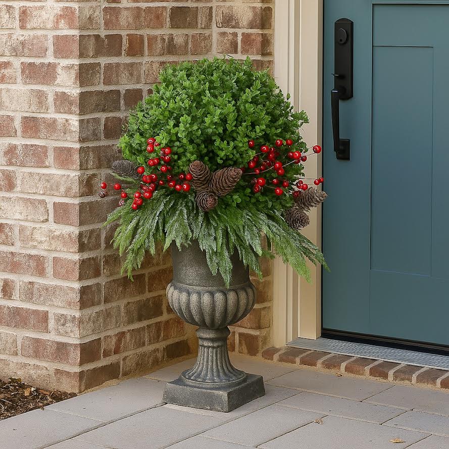 Holiday Boxwood Arrangement with Pine and Berries in a Plastic Liner