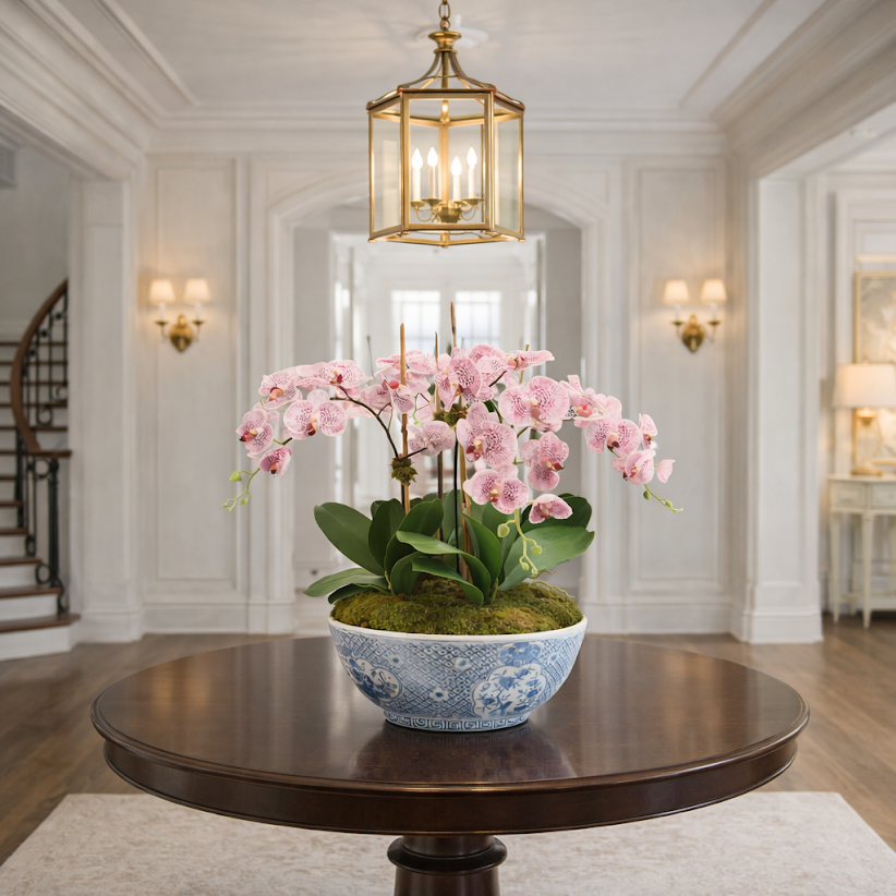 Four Stem Pink/Purple Orchid in Porcelain Size Trellis Bowl