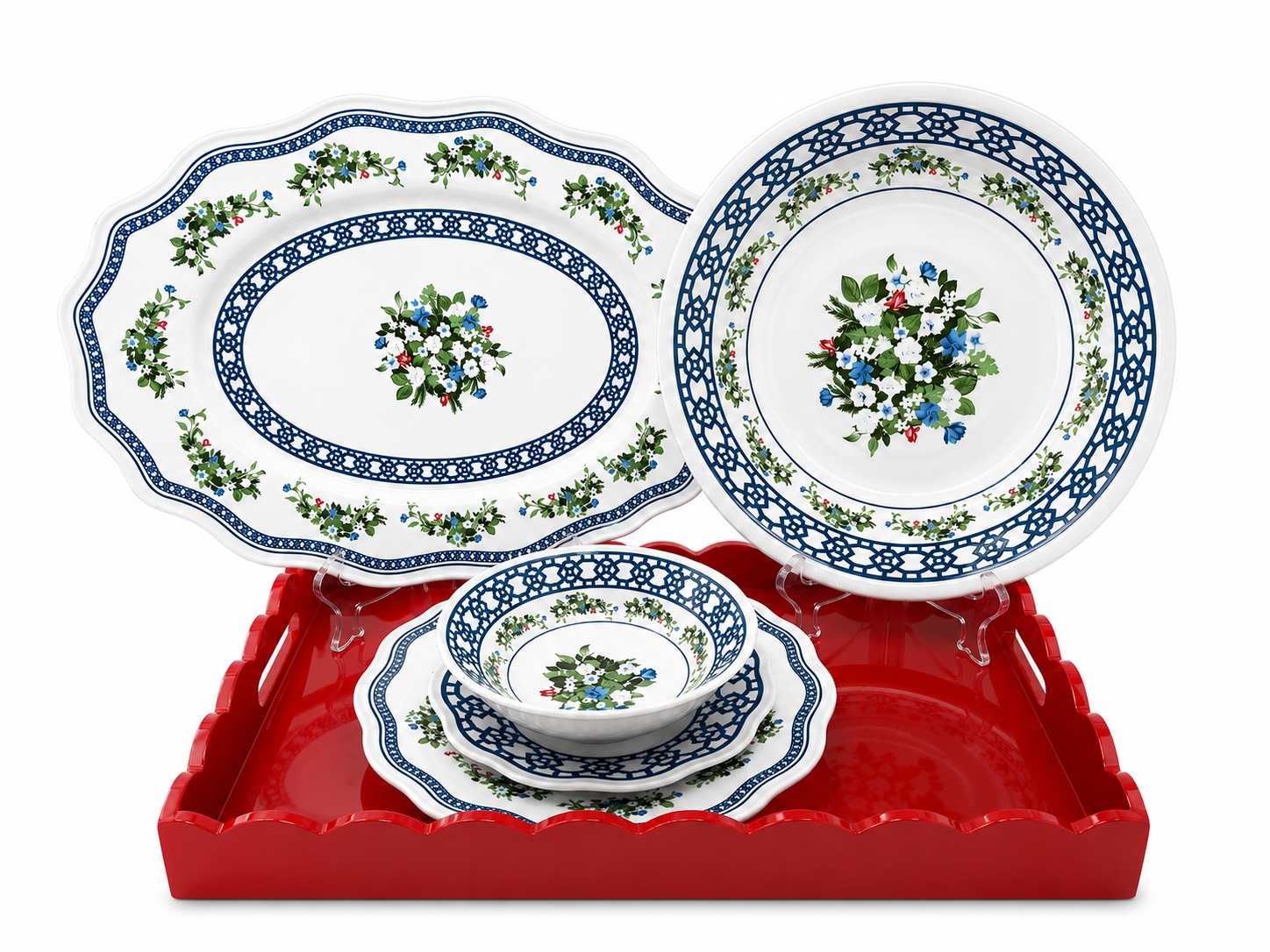 TRELLIS AND TOPIARY MELAMINE Bundle with Red Lacquer Tray