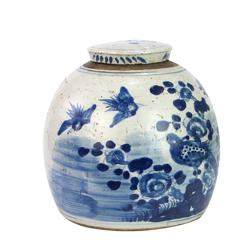Extra Large Antiqued Bird/Floral Flat Top Jar