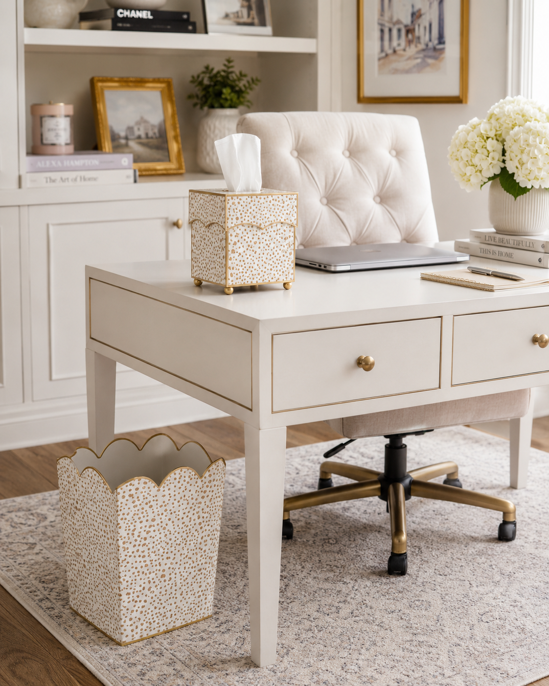 Tan Dot Square Scalloped Wastepaper Basket & Tissue Holder (3 Options)