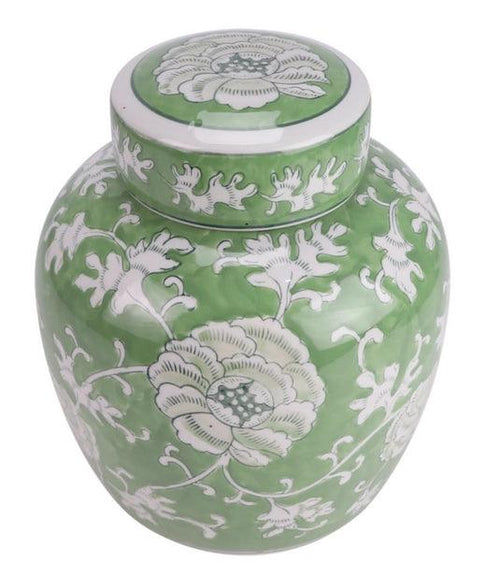 Green & White Floral Flat Top Jar