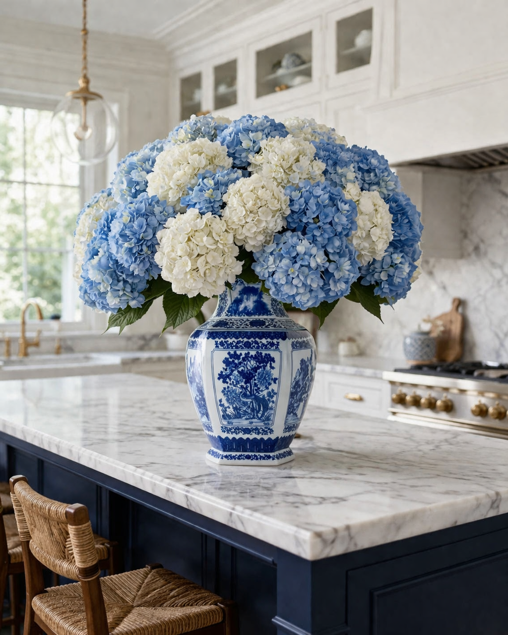 Hex Vase Blue And White Bird And Flower