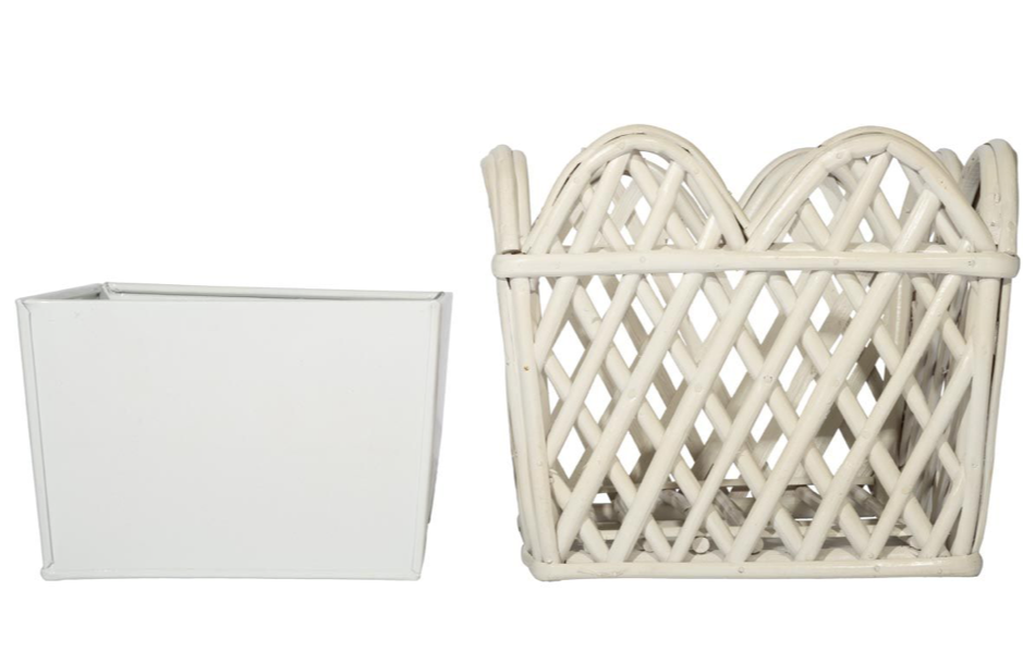 white woven planter White Square Scalloped Lattice Rattan Planter