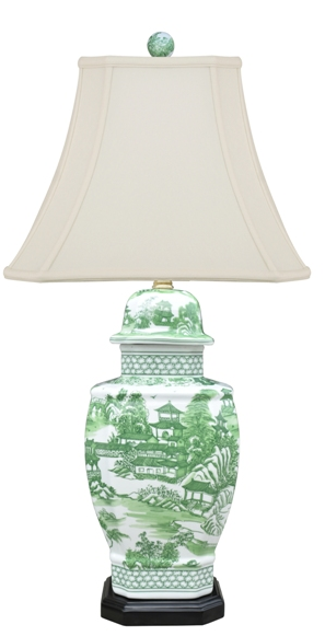 Green & White Village Scene Lamp