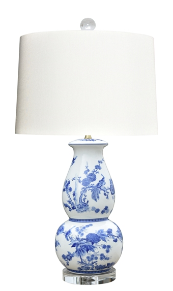 Blue & White Floral Gourd Lamp on Crystal Base