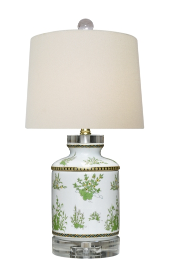 Green & White Floral Cylinder Lamp on Crystal Base