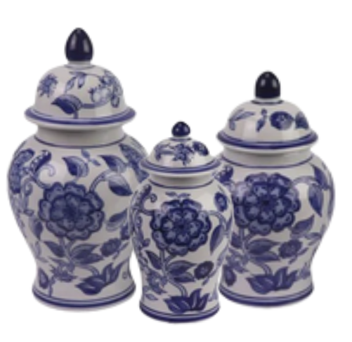 Set of 3 Blue & White Flower Food Safe Jars
