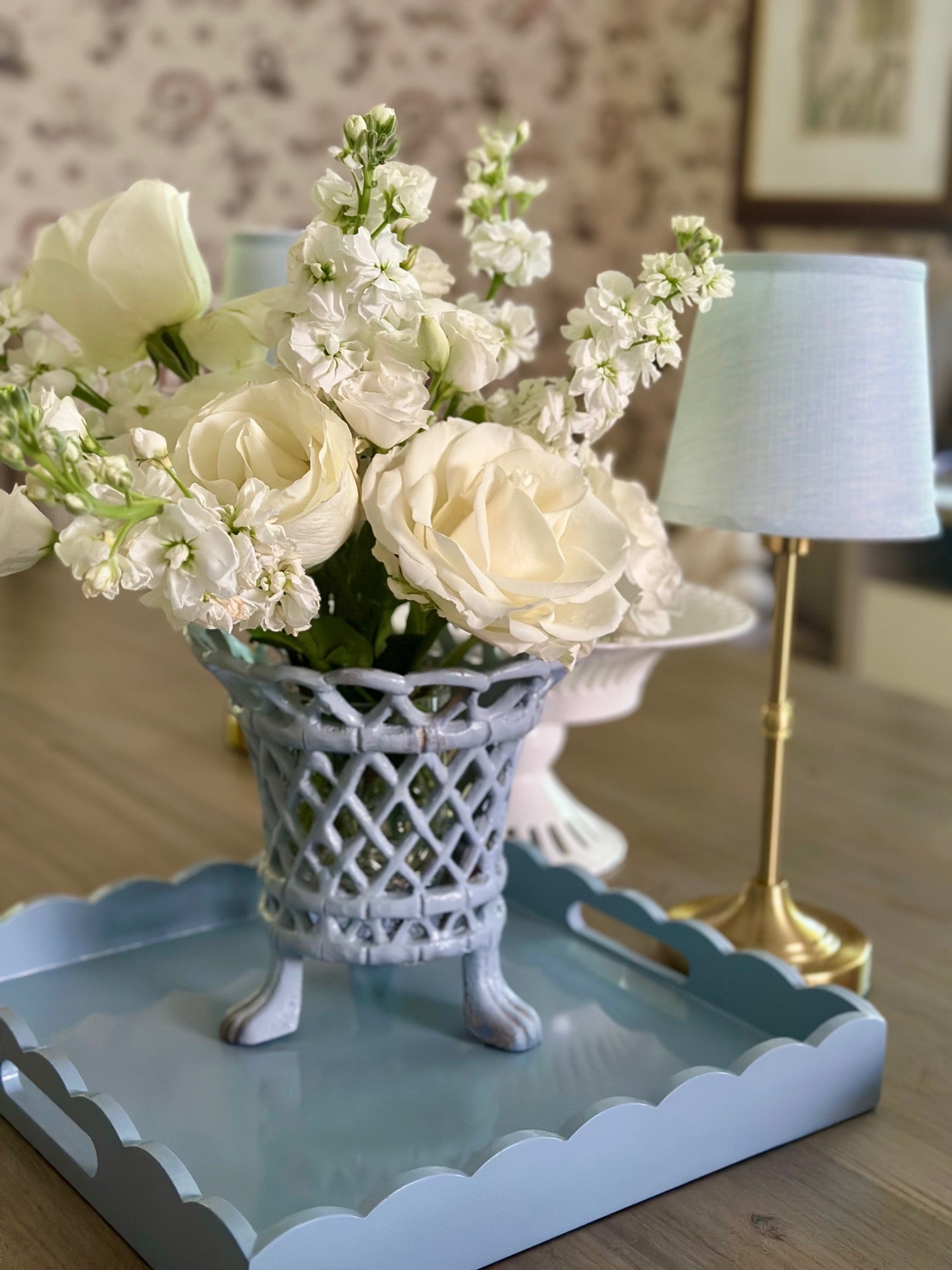 Antique Gold Rechargeable Lamp with Soft Blue Shade