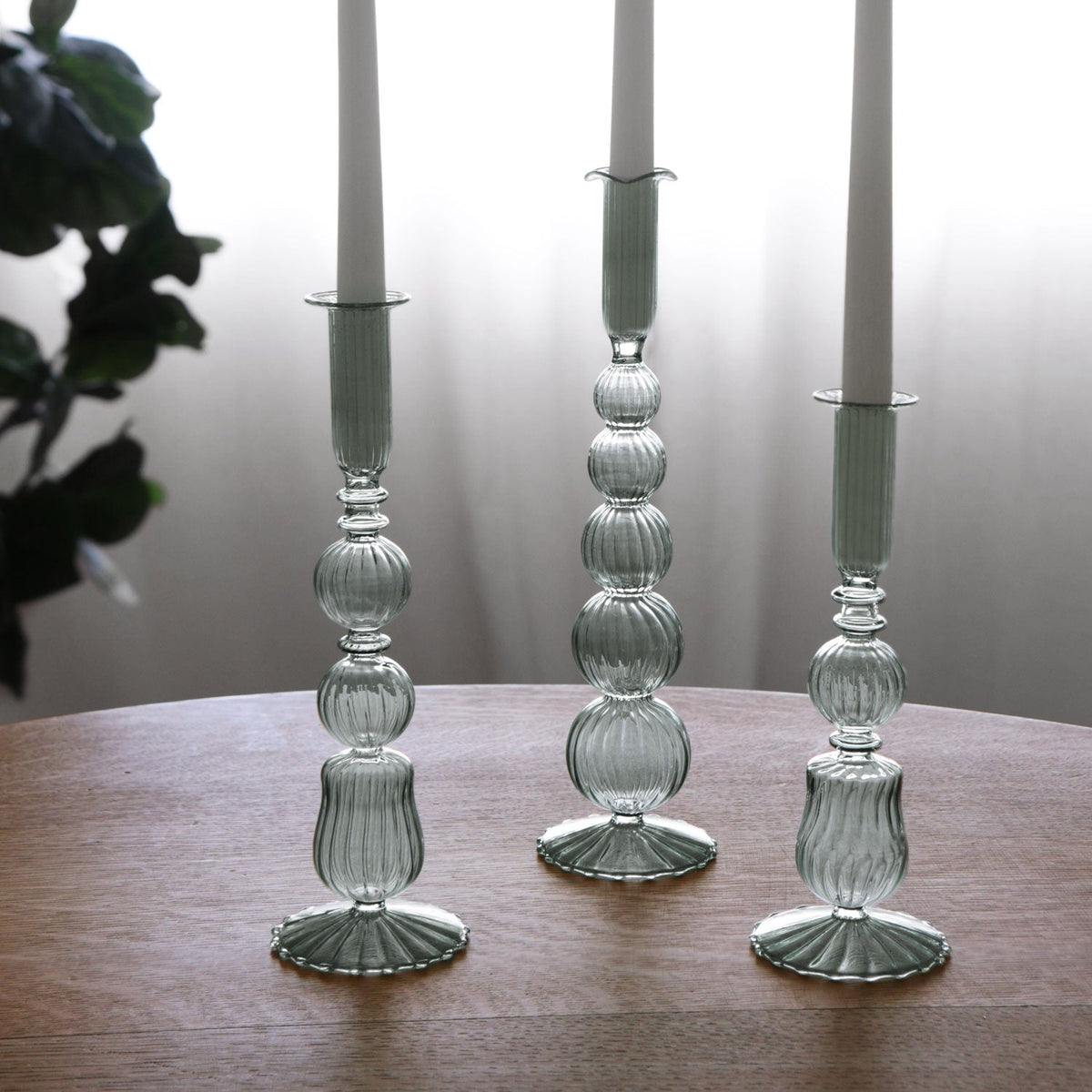 GLASS Cambridge Olivia 12" Candlestick Holder Set of 2 (Light Green)