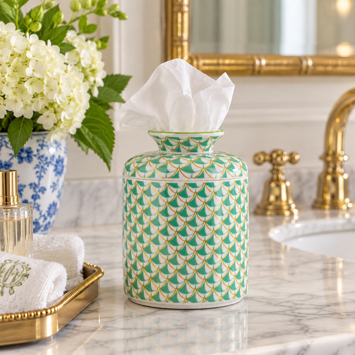 Teal Fishnet Porcelain Round Tissue Box