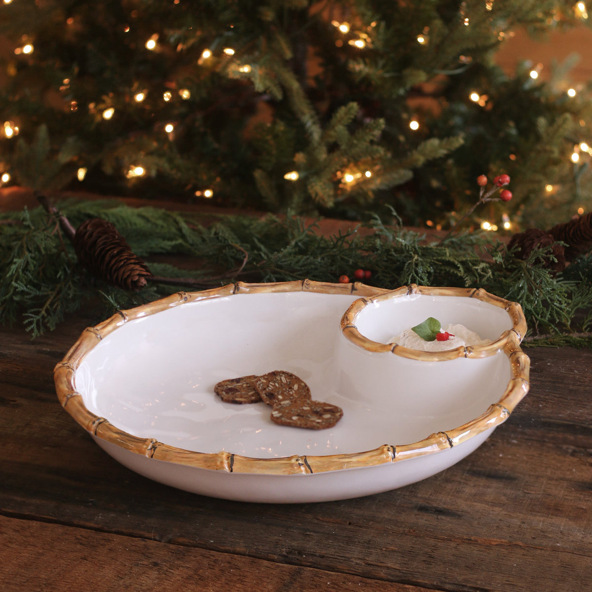 VIDA Bamboo Large Chip & Dip Bowl (White and Natural)