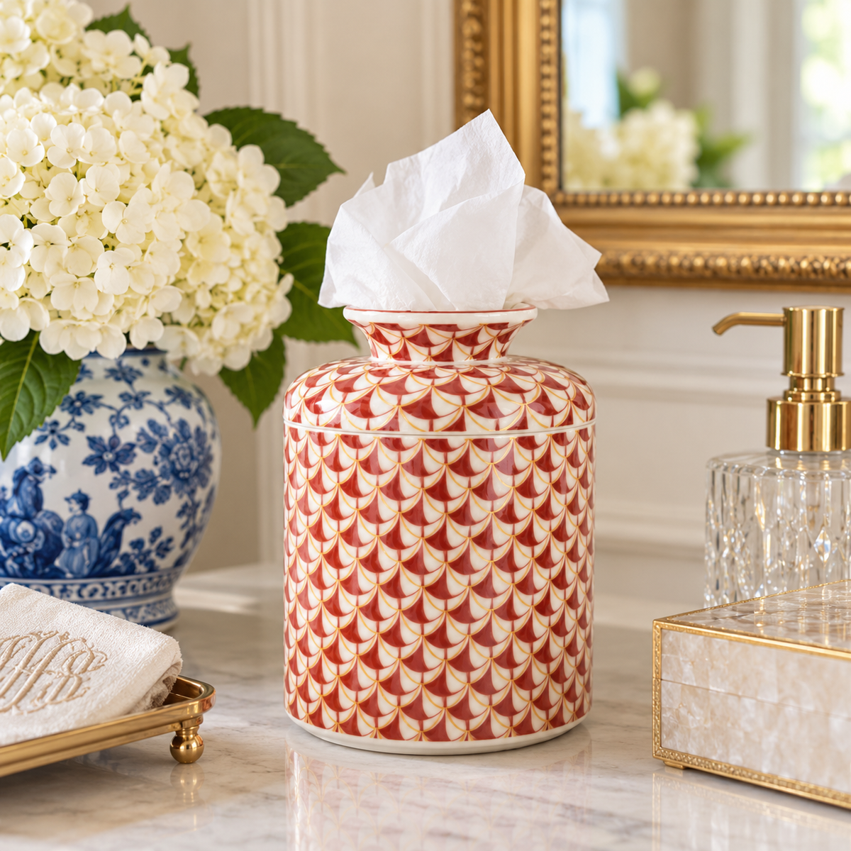 Red Rust Fishnet Porcelain Round Tissue Box