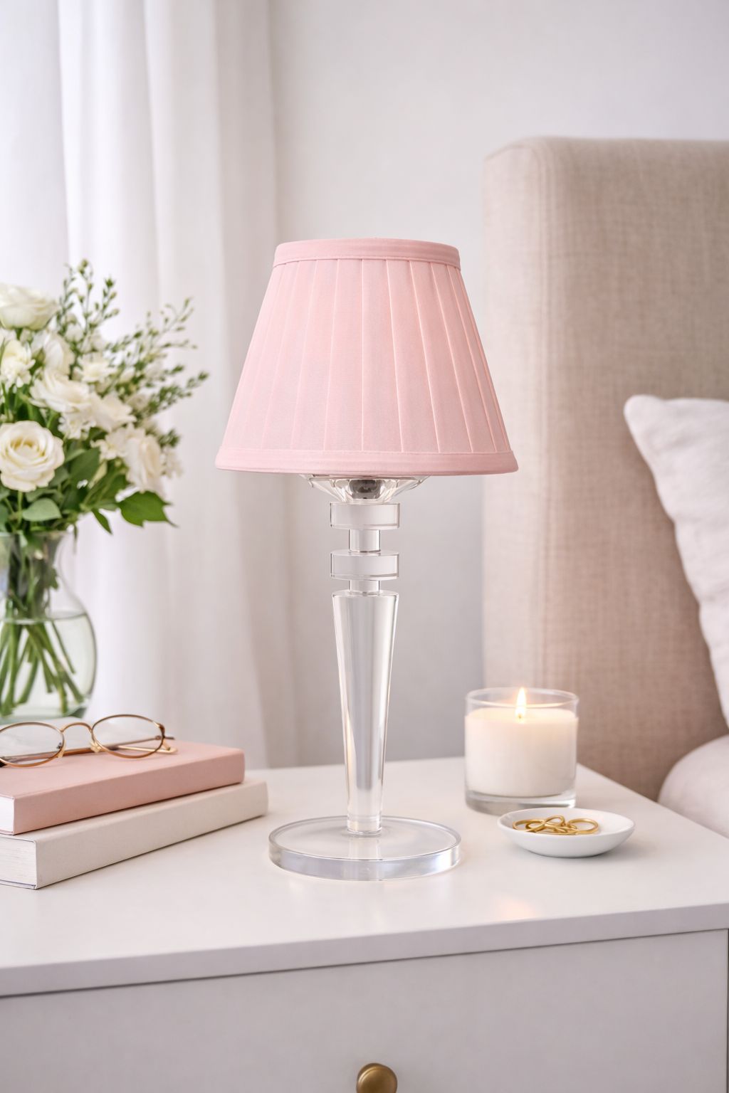 Tall Crystal Rechargeable Lamp with Pink Shade