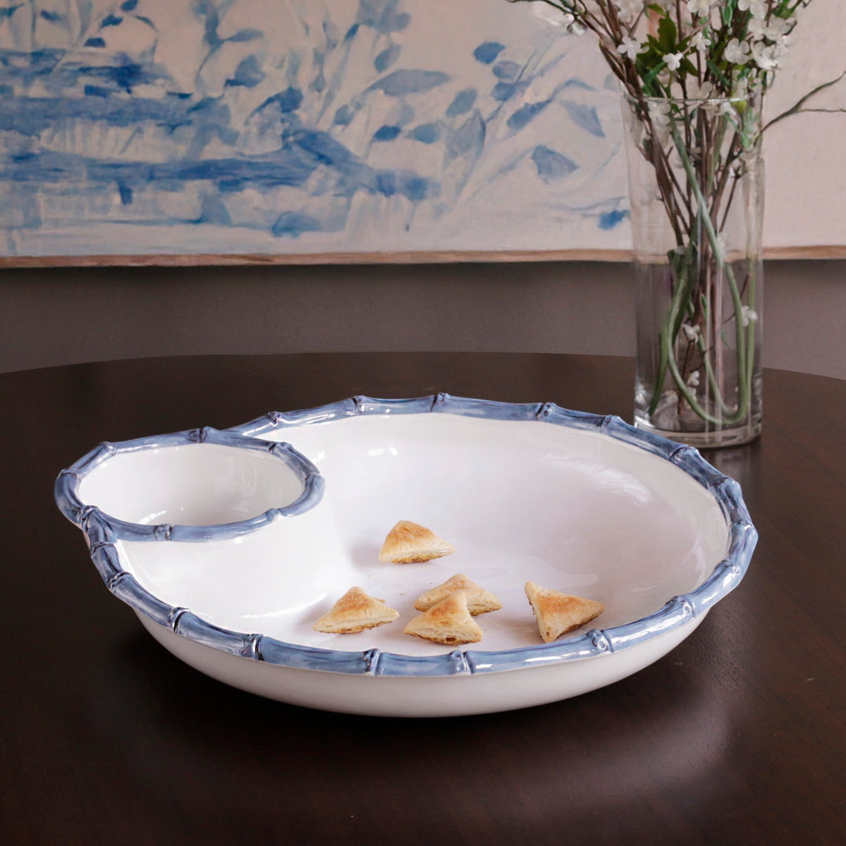 VIDA Bamboo Large Chip and Dip Bowl (White and Blue)