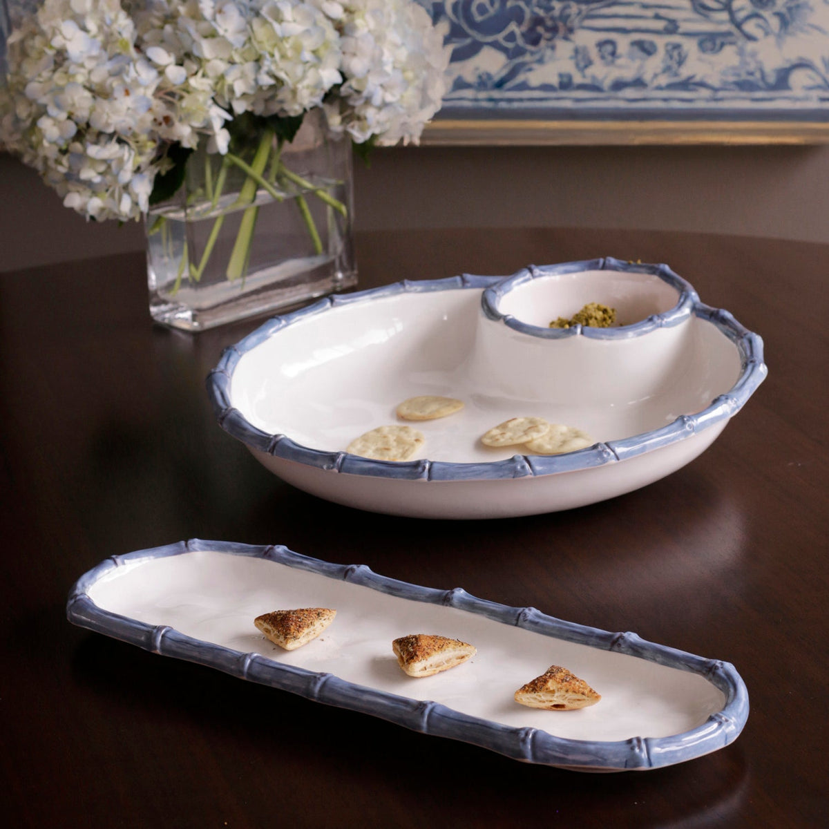 VIDA Bamboo Large Chip and Dip Bowl (White and Blue)
