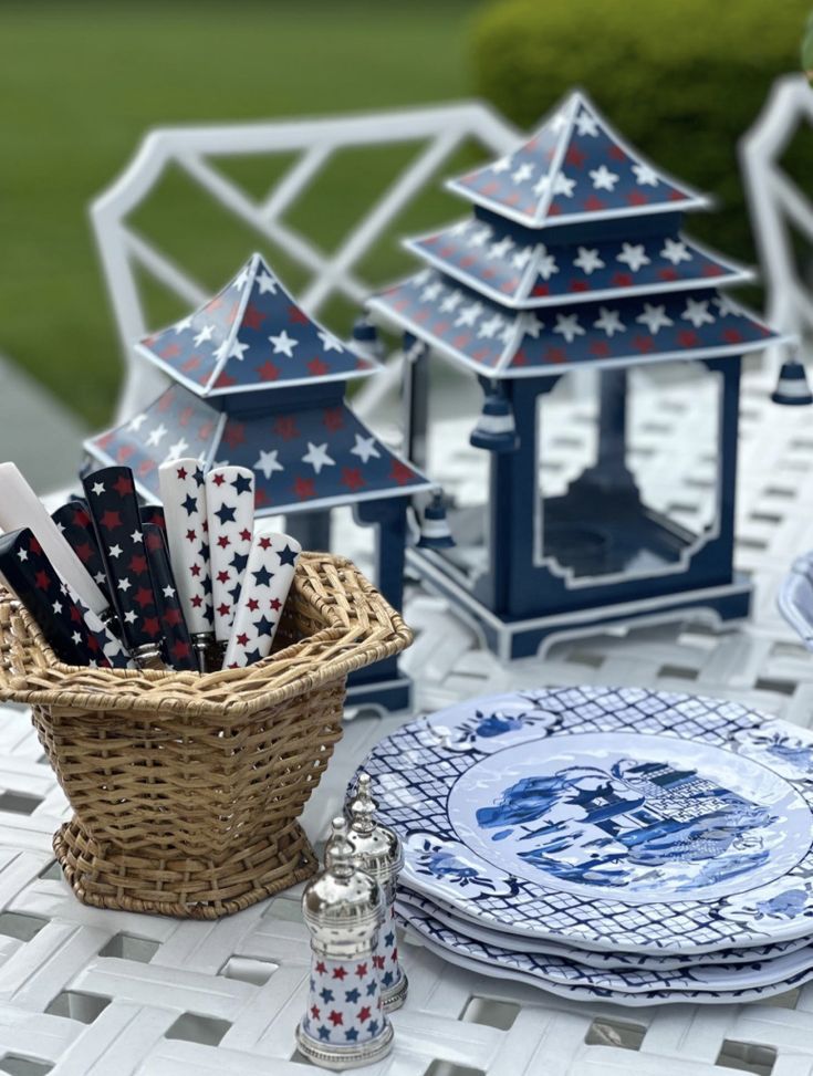 Navy with Red & White Star Pagoda Lantern (4 Sizes)