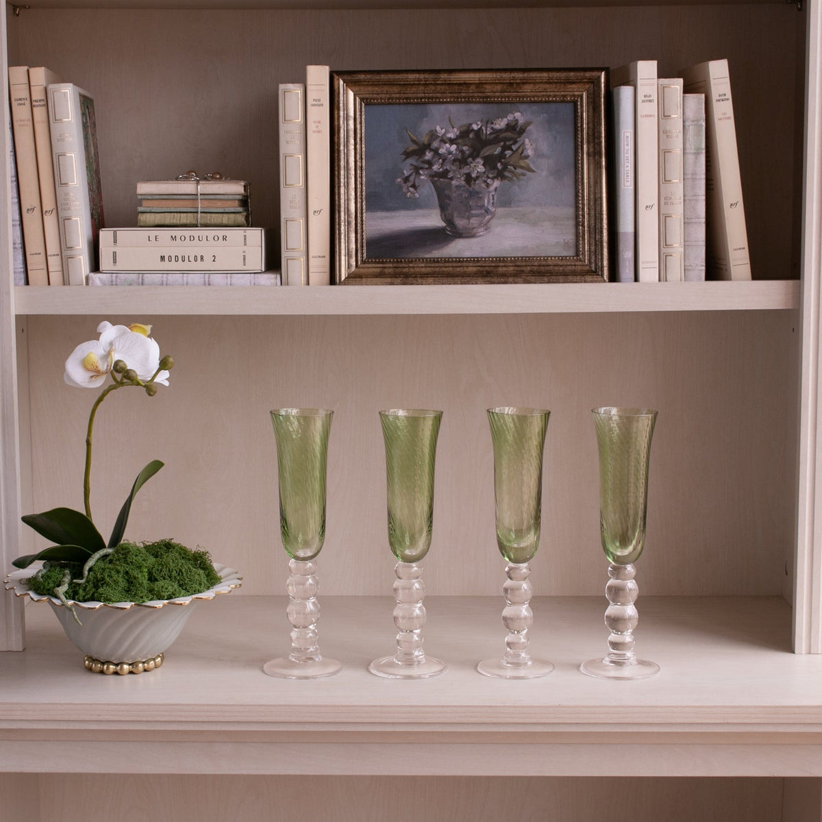 GLASS French Swirl Champagne Flute Set of 4 (Green) 6 fl oz