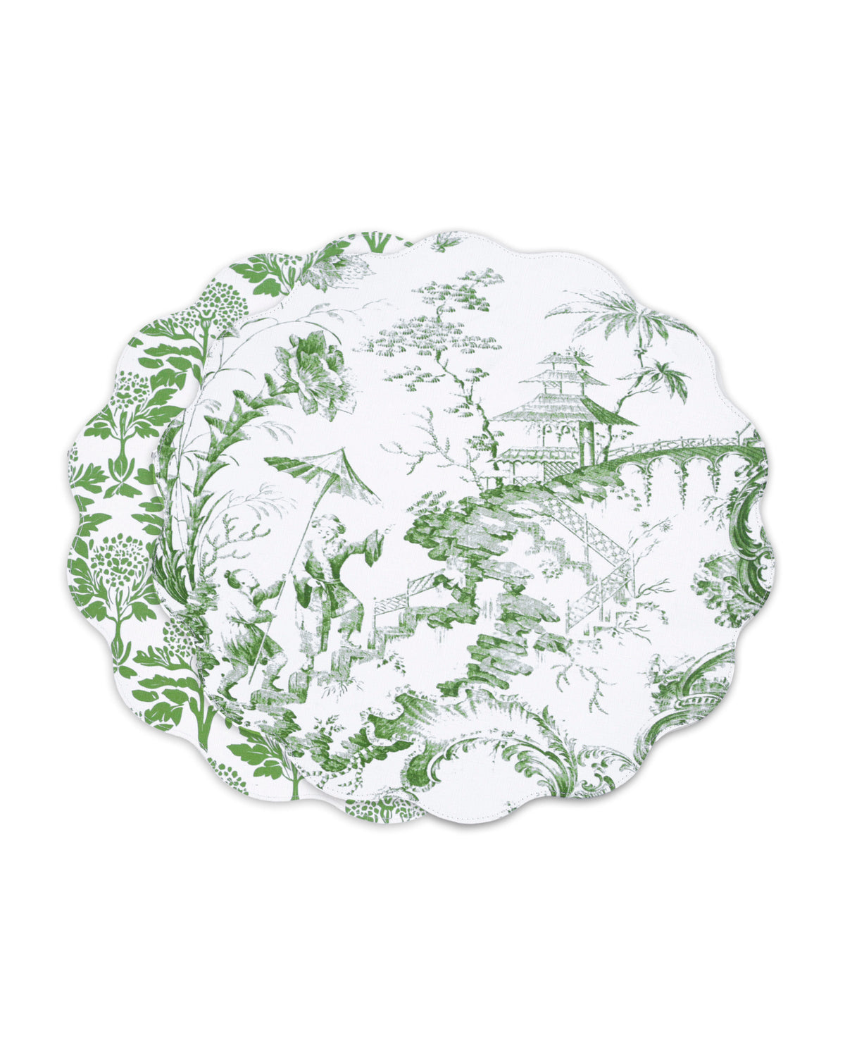 VIDA Chinoiserie Reversible Round Placemats Set of 4 Green & White