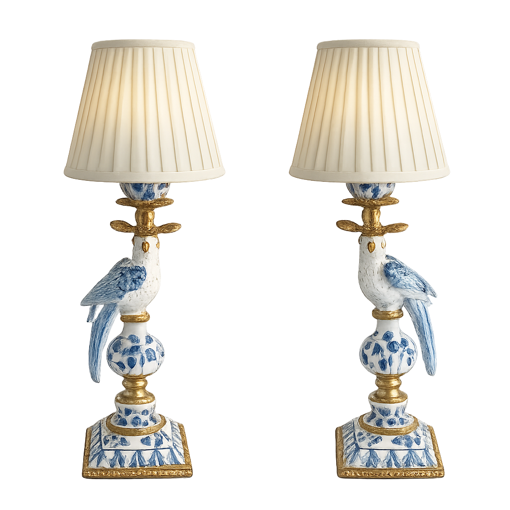 Large Blue & White Porcelain Bird Ormolu Rechargeable Lamp