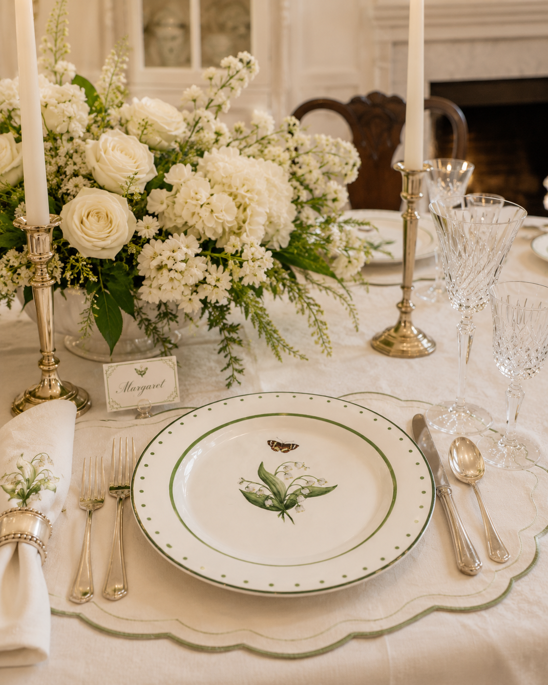 Lily of The Valley Green and White Butterfly Dinner Plate