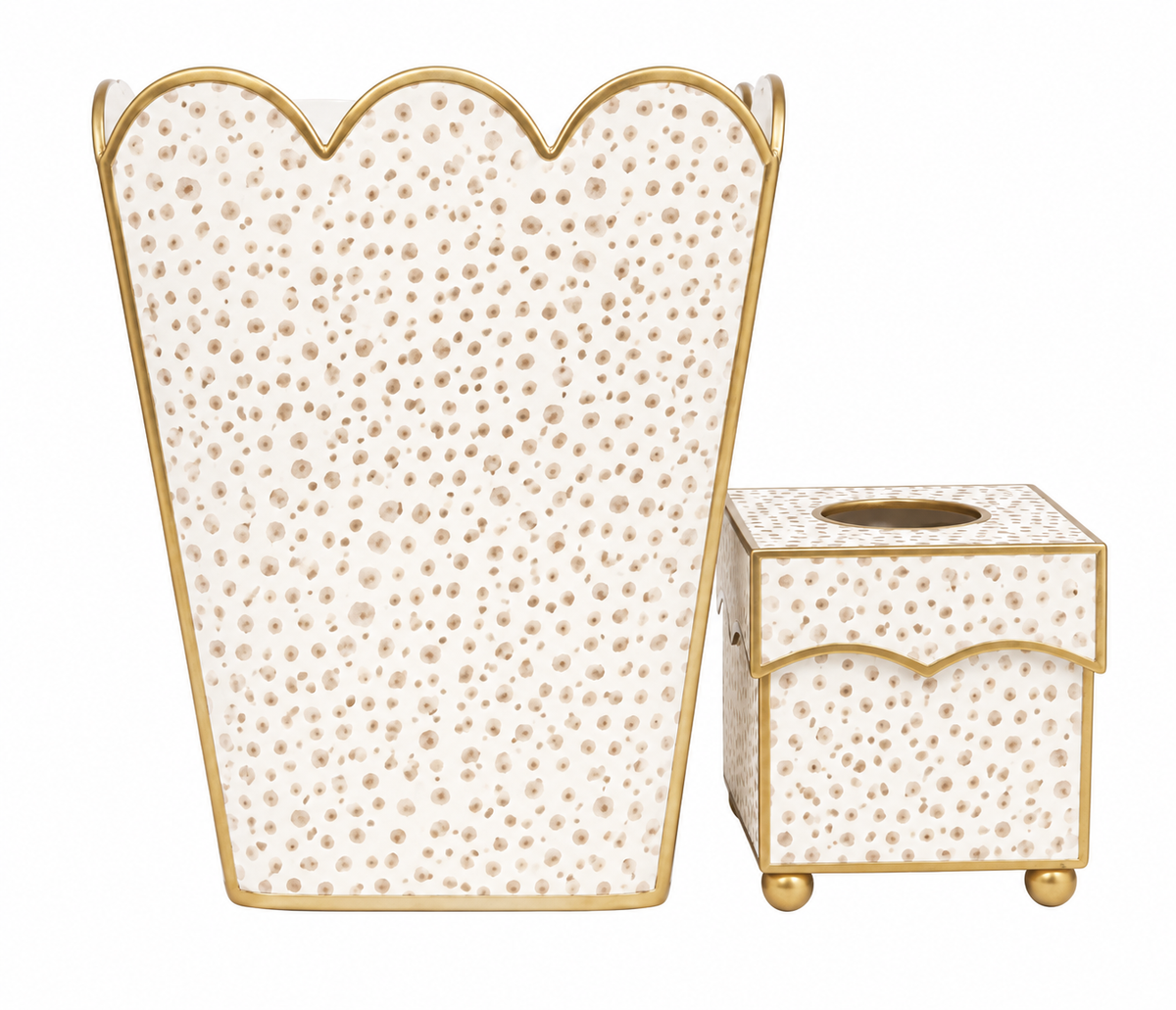 Tan Dot Square Scalloped Wastepaper Basket & Tissue Holder (2 Options)