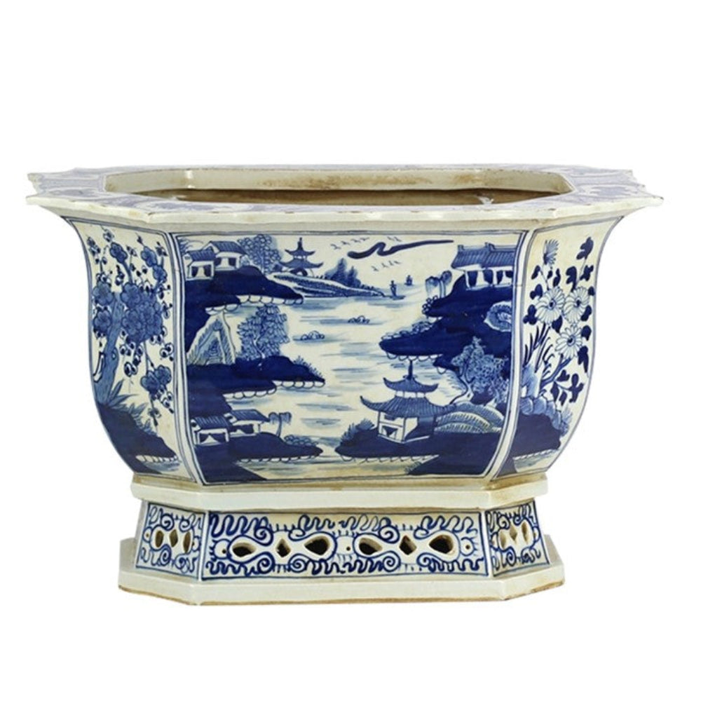 Village Scene Scalloped Pierced Planter