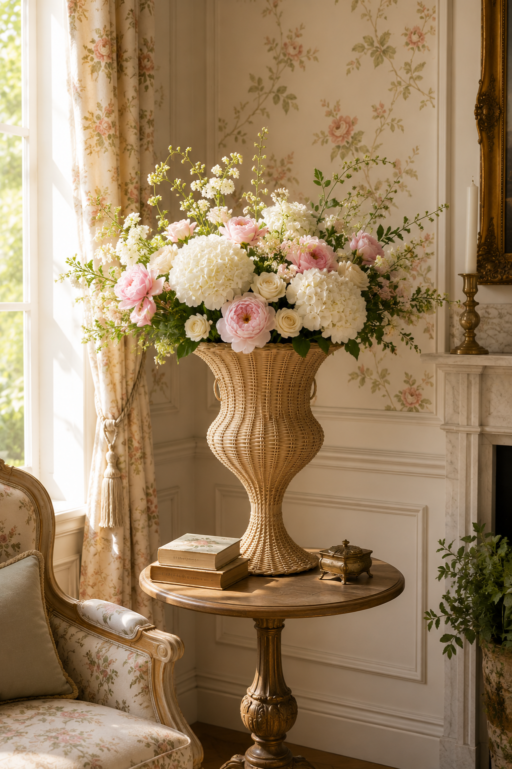 Round Scalloped Wicker Urn and Pedestal (3 Options)