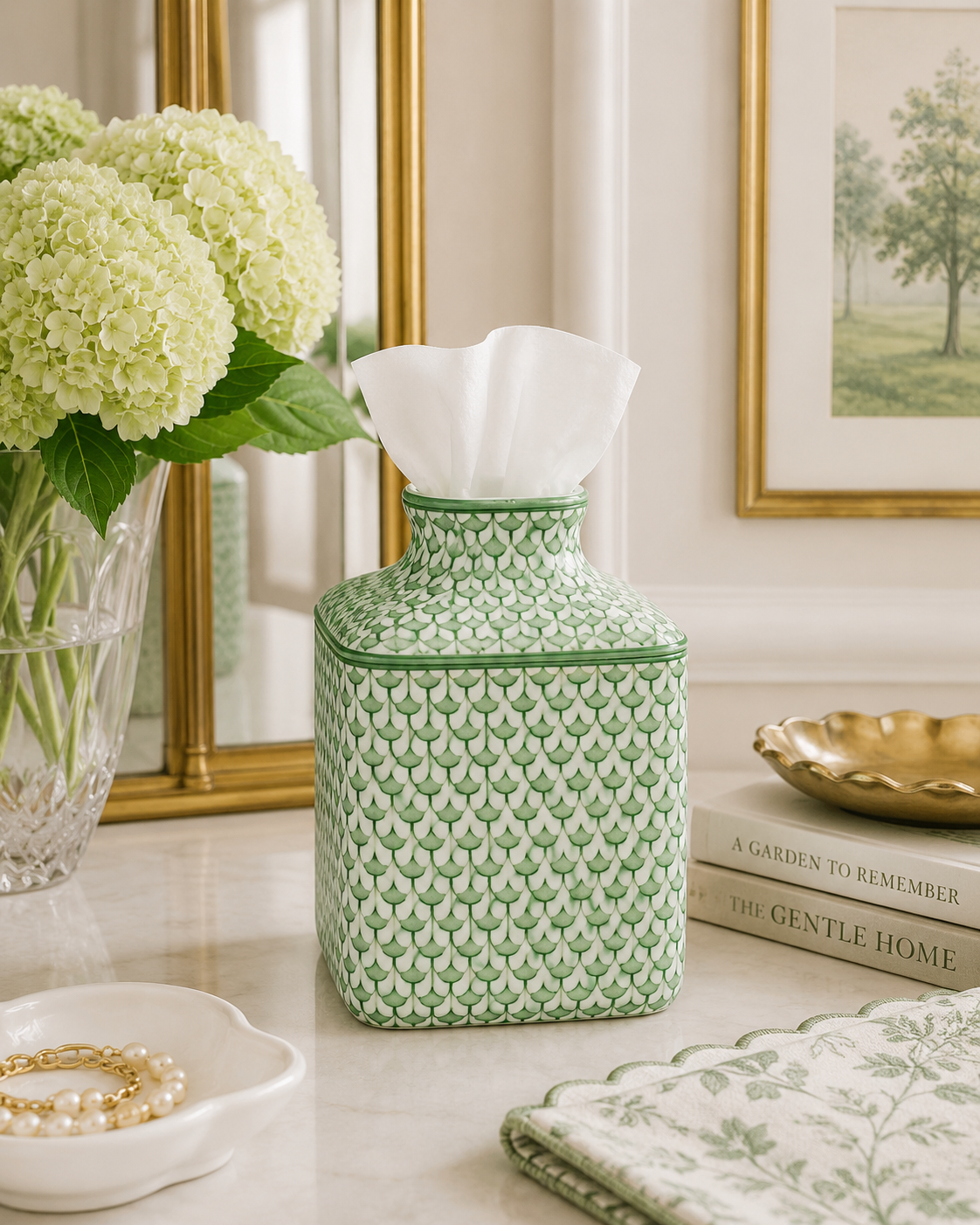 Green & White Fish Scale Porcelain Tissue Holder