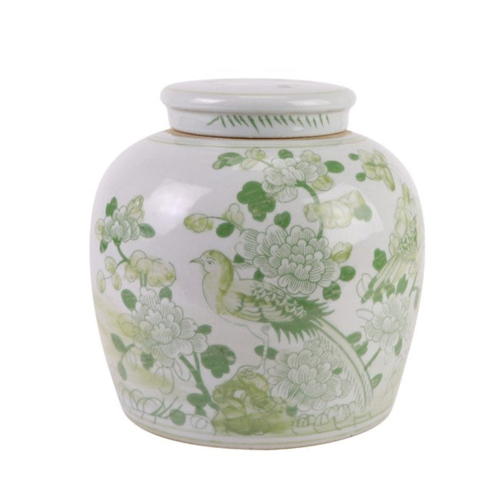 Soft green bird and floral flat top jar
