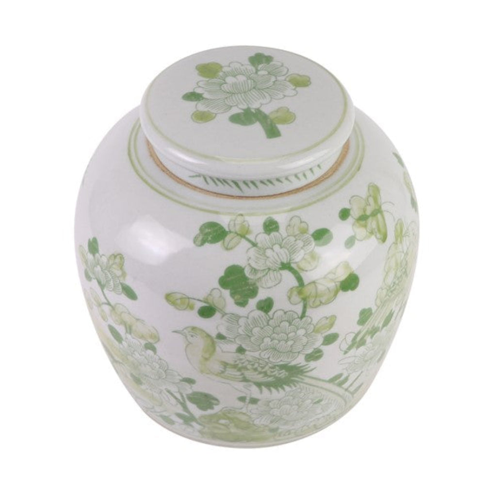 Soft green bird and floral flat top jar