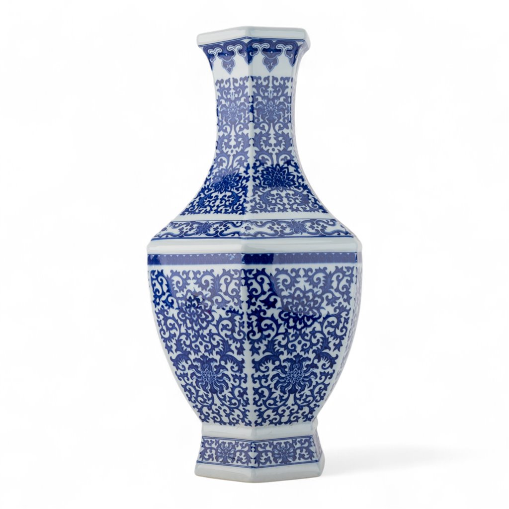 Hex Vase – Blue and White Filigree
