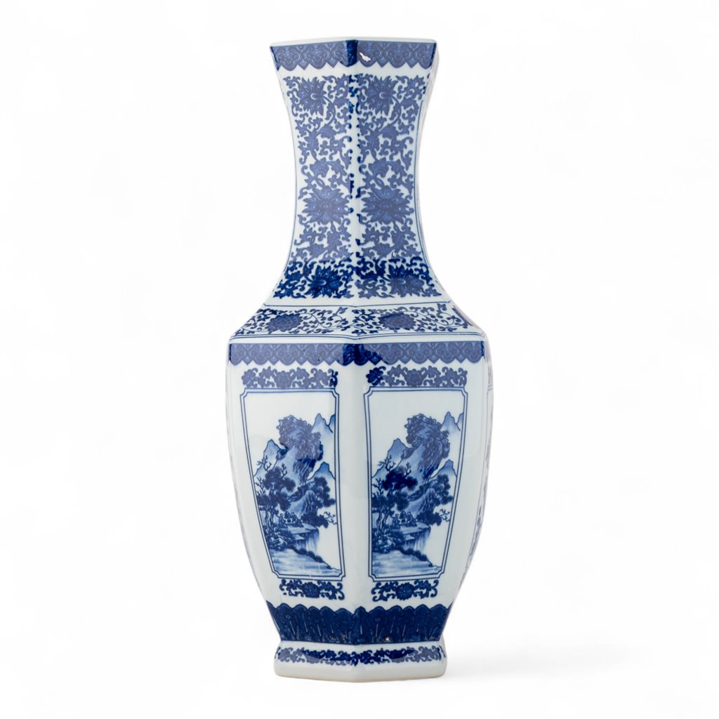 Hex Vase Blue And White Bird And Flower