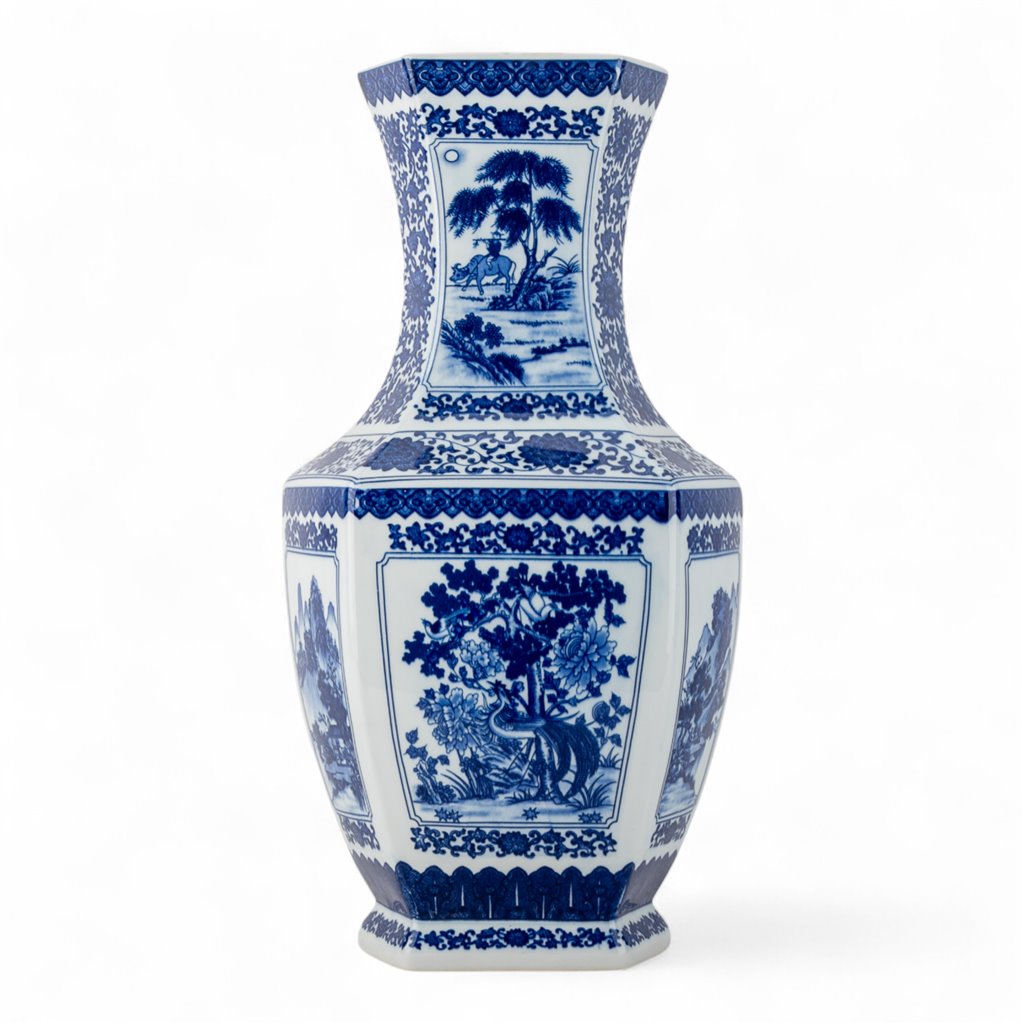 Hex Vase Blue And White Bird And Flower