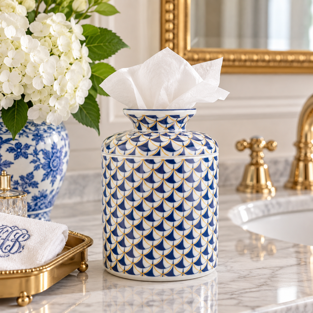Blue Fishnet Porcelain Round Tissue Box