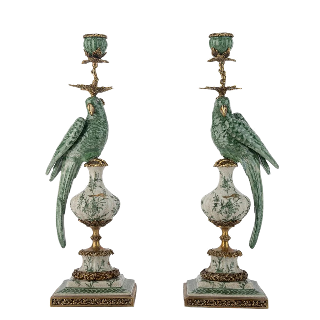 GREEN & WHITE PORCELAIN BIRD ORMOLU CANDLE STICK
