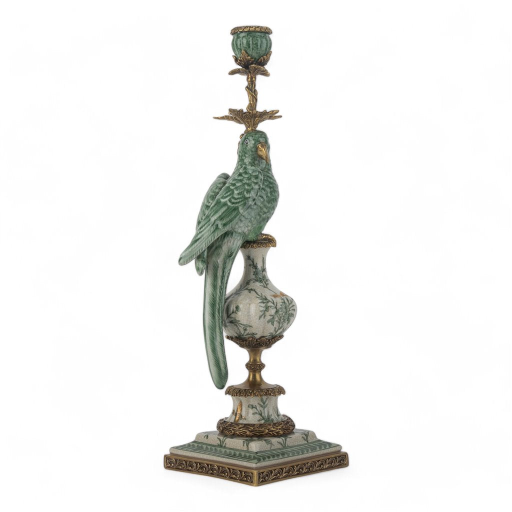 GREEN & WHITE PORCELAIN BIRD ORMOLU CANDLE STICK
