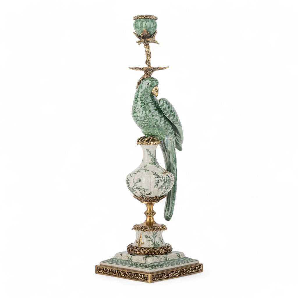 GREEN & WHITE PORCELAIN BIRD ORMOLU CANDLE STICK